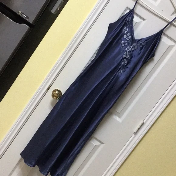 HALSTON BLUE EMBROIDERED MAXI SLIP DRESS M - Picture 7 of 11